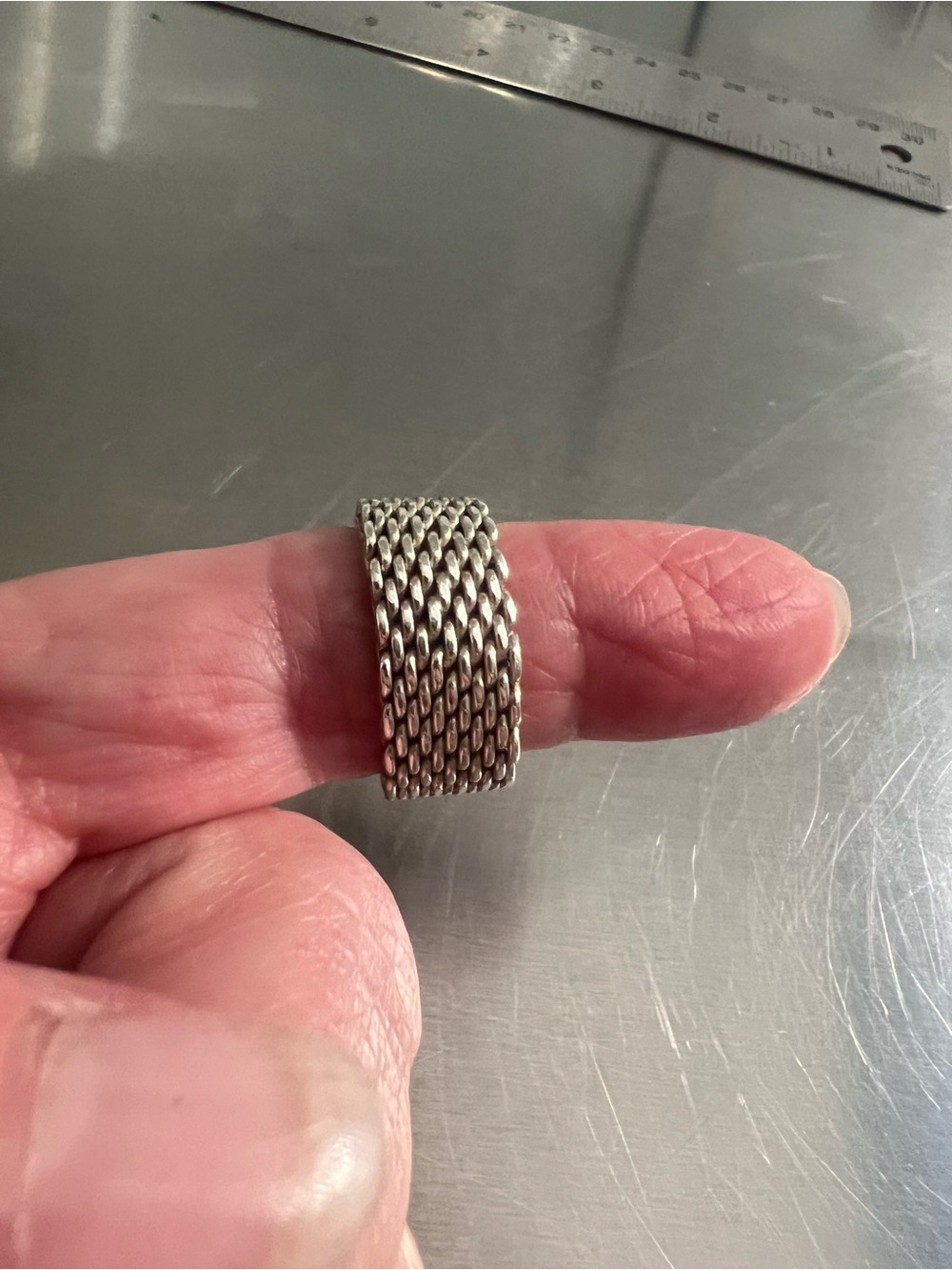 Tiffany & Co. Textured Sterling Silver Mesh Flexable Band Ring
